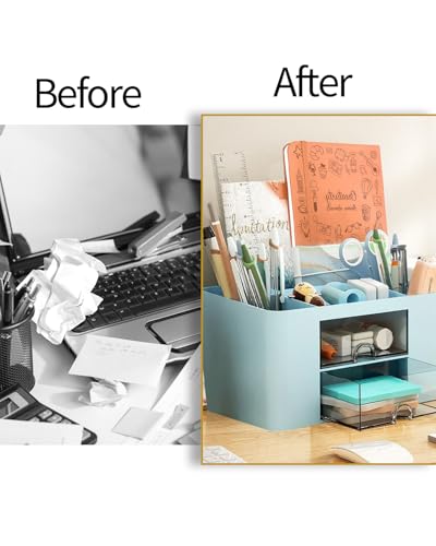 Image of Office Desk Organizer with 2 Drawers Multi-Functional Desktop Pen Pencil Case Storage Box,Desktop Organizer for Office Home Supplies Blue LCC570-01