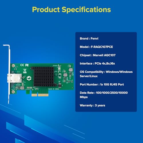 Image of F-RAQC107PCE PCIe 10GBASE-T LAN Adapter, Marvell AQC107, RJ45 Multi-Speed 10G /2.5G /1G /100M, Wake-on-LAN, LED Indicators, Supports Windows /Linux /Server, Brackets | 3-Year Warranty