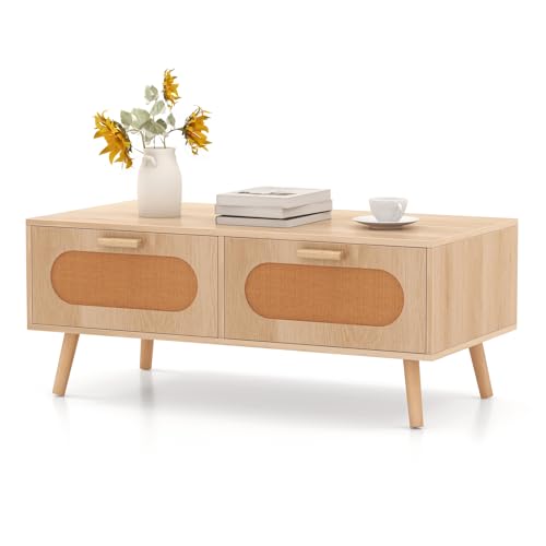 COSTWAY Coffee Table, Wooden Cocktail Center Table with 2 Rattan Storage Drawers and Back Compartment, Solid Wood Legs Rectangular Accent Sofa Side Tea Table for Living Room Bedroom, Natural