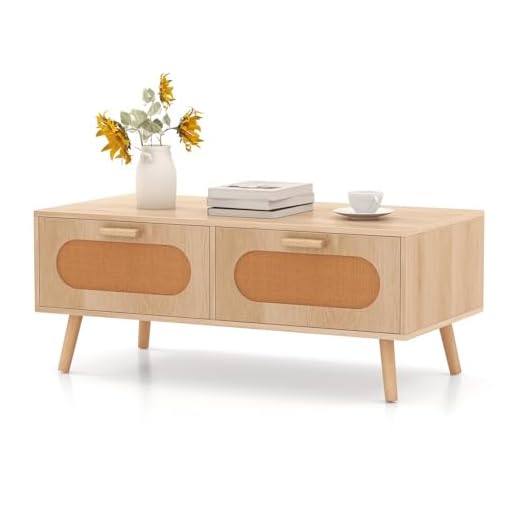 COSTWAY Coffee Table, Wooden Cocktail Center Table with 2 Rattan Storage Drawers and Back Compartment, Solid Wood Legs Rectangular Accent Sofa Side Tea Table for Living Room Bedroom, Natural