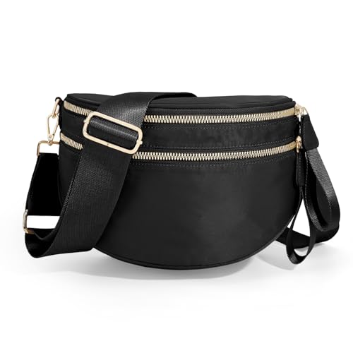 Pure Colour Bum Bags for Women Crossbody Spacious Nylon Crossbody Bag Fanny Packs Slouchy Oversized Purse Belt Bag (BLACK) - Main Image