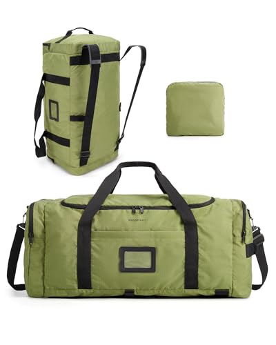BAGSAMRT 60L Foldable Duffle Bag for Travel, Large Travel Duffel Bag for Men, 4 in 1 Travel Backpack, Carry on Weekender Bag, Army Green