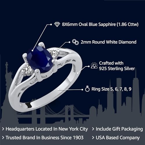 Gem Stone King 3-Stone Engagement Ring For Women | 925 Sterling Silver | Gemstone Birthstone and Diamond | Oval 8X6MM and Round 2MM | Three Stone Wedding Anniversary Promise Ring | Sizes 5-92