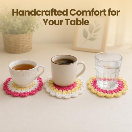 Image of picknMAKE 6 Pcs Floral Crochet Lace Bloom DIY Coaster Kit, Crochet Kit for Beginners, Crochet Yarn Full Kit, Multicolor Decorative Crochet Flower Tea Coasters Craft Kit with All Material Included