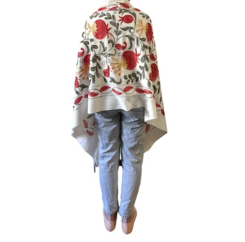 Authentic Floral Cashmere Scarf with Fringe, White and Red, Made in Uzbekistan2