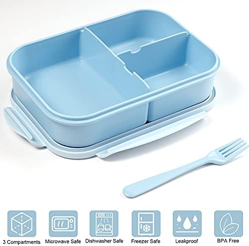 Jeopace Bento Boxes Adults Lunch Box Lunch Containers for Adults 3 Compartment Bento Lunch Box Leak Proof Food Containers Microwave Safe(Flatware Included,Blue)