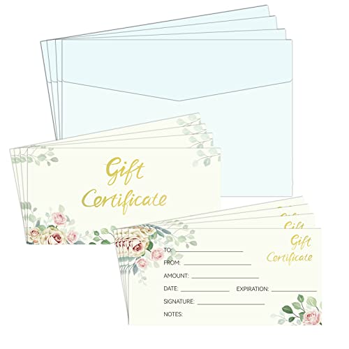 50 Pieces Blank Gift Certificate with Envelope Gold Foil Floral for Business,Voucher for Salon, Spa, Restaurant,Weddings, Birthdays, and Christmas,4.8x2.4 Inch