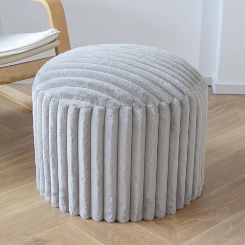 DAWNYIELD Puff Taburete, Puff Redondo de Pelo Sintético Suave - Reposapiés con Relleno de Espuma, 38 x 50 cm, Otomana Multiusos para Salón o Dormitorio, Gris