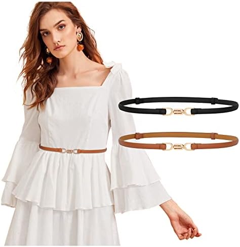 VONMELLI 2 Pack Women’s Leather Skinny Belt for Dress Adjustable Thin Waist Belt for Ladies Girls