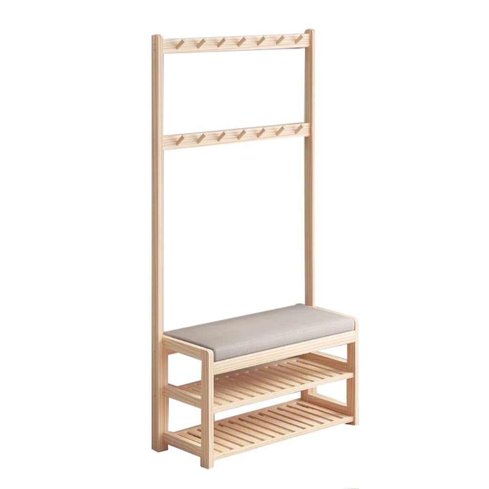 Portant à vêtements autoportant en bois multifonction avec siège et rangement chaussures