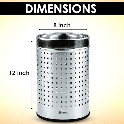 Image of mofna Stainless Steel Square Perforated Dustbin, Garbage Bin Paper Bin For Home, Bedroom, washrooms, Office, Kitchen, Bathroom (8 inchx12 inch inch - 8-Liter (Silver)