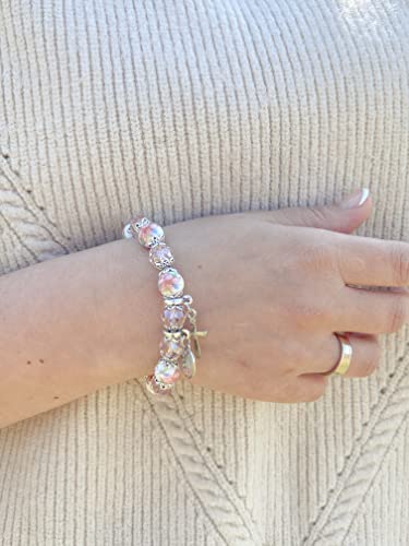 Nazareth Store Religious Cross Bracelet Pink Crystal Beaded Stretch Rosary Bracelet with Ceramic Flowers Beads Bangle Crucifix & Miraculous Medal Charm4