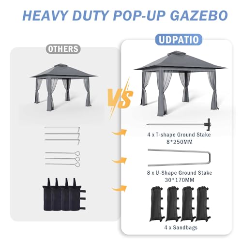 UDPATIO 13'x13' Pop up Gazebo Canopy Tent, Outdoor Patio Waterproof Gazebo with Mosquito Netting for Lawn, Garden, Backyard and Deck, Grey