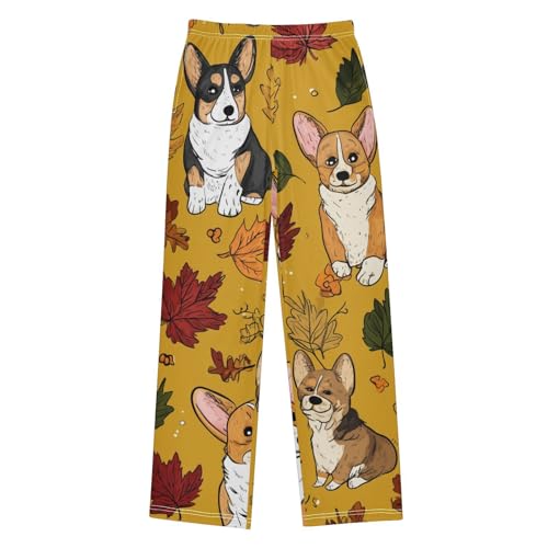 Corgi Dog Autumn Leaves Boys Long Pants Soft Trousers Elastic Waist Kids Lounge Bottoms with Pockets S-XL