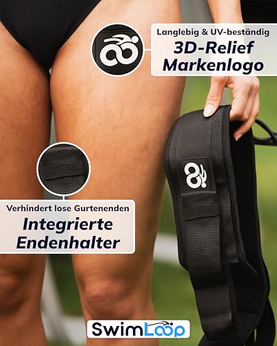 SWIMLOOP Premium Schwimmgurt Schwimmtrainer mit 2 x 2 Meter elastischen Gummibändern - Zugseil - Schwimmseil für Pool wie Gegenstromanlage zum Einhängen - Bauchgurt mit Schwimmband Widerstandstraining