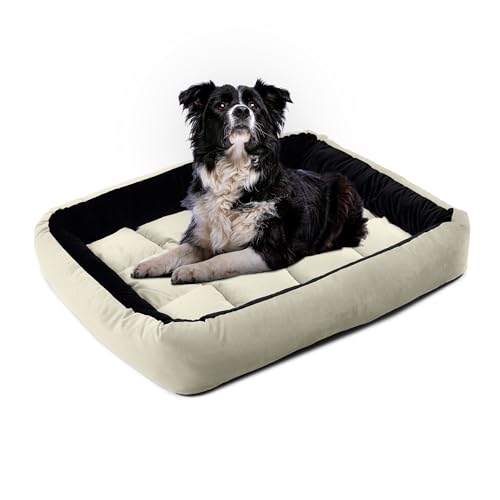 Image of Reversible Rectangle Dog Bed | Medium 60 X 75 Cm Pet Bed for Dogs and Cats | Premium Velvet, Washable Fabric | Soft Sofa-Style Bed for Dog with Thick 15 Cm Insert | Black & Cream