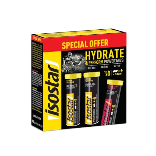 ISOSTAR Hydrate & Perform Powertabs 3er-Pack Brausetabletten für isotonische Sportgetränke 3 Röhrchen (2 x Zitrone und 1 x Cranberry) à 10 Tabletten 360 g