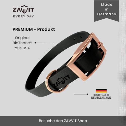 Langlebiges BioThane Hundehalsband 16/19 / 25mm mit Schnallenverschluss | Wasserfest & Robust | In 5 Größen (XS, S, M, L, XL) | Passend zu den ZAVVIT Leinen (Schwarz/Roségold)