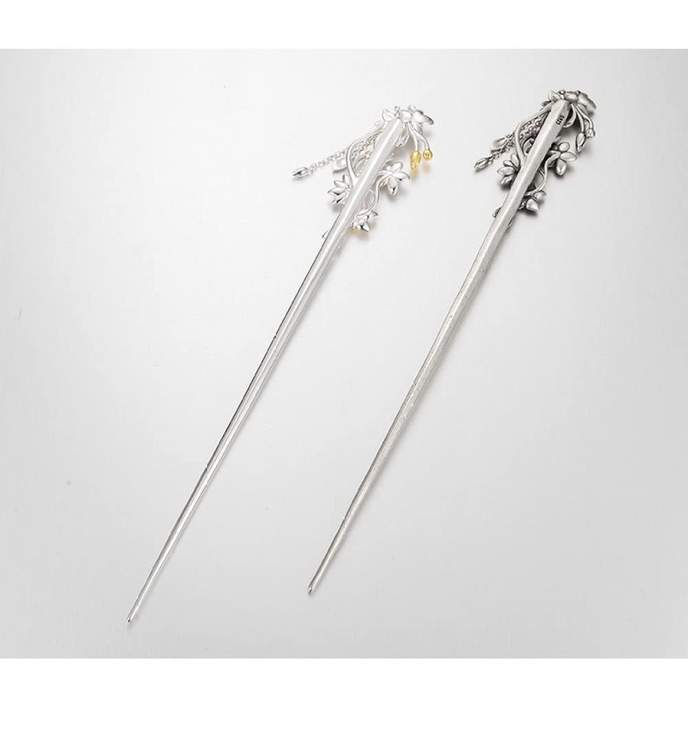 Haarstab, Haarnadel, chinesische Haarstäbchen aus S925-Silber, verzierte Haarstäbchen mit Pfirsichblüten und Quaste, baumelnder Haarknoten-Schmuck im Used-Look for Brautmädchen, poliert