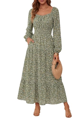 BTFBM Long Sleeve Dress for Women 2026 Spring Fall Boho Floral Square Neck Casual Flowy Long Wedding Guest Maxi Dresses(Floral Army Green, Small) - image 2