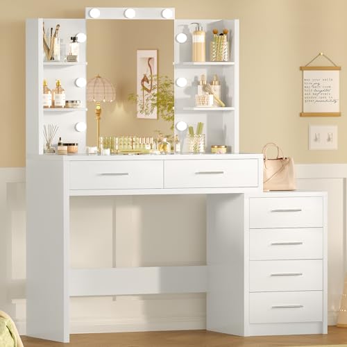 TEENFON Tocadorde Maquillaje, Mesa de Maquillaje con Luces y Espejo, Mesa de Maquillaje con 4 Estantes Abiertos, Blanco, Tocador con 6 Cajones