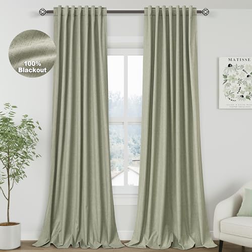 Image of Sage Green 100% Blackout Linen Curtains 108 Inches Long for Bedroom Back Tab Thermal Insulated Farmhouse Decor Coastal Black Out Curtain for Living Room Floor to Ceiling High Window 52x108, 2 Panels