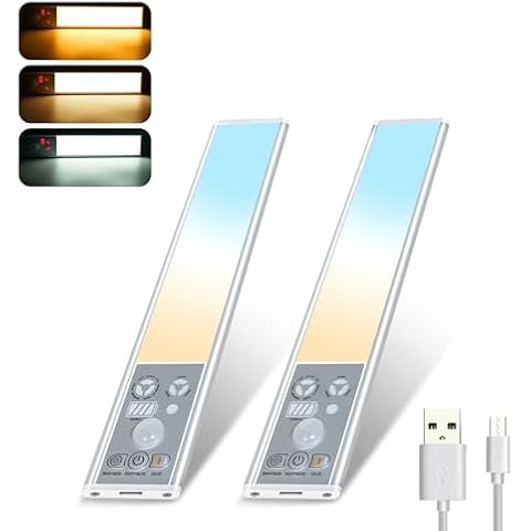 YM E-Bright Under Cabinet Lighting, 2 Pack LED Closet Lights 10 Brightness Dimmable 1100 mAh Motion Sensored Lights with Power Display, Rechargeable Magnetic Light for Kitchen, Bedroom, Car Cover
