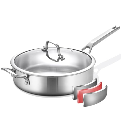YEKSUM Stainless Steel Saute Pan, Tri-Ply Saute Pan 5QT, 12 Inch Deep Frying Pan with lids,...