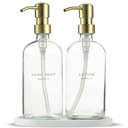 Image of MaisoNovo Bathroom Soap Dispenser Set- Soap and Lotion Dispenser Set with Clear Soap Dispenser, Gold Pumps & Concrete Tray