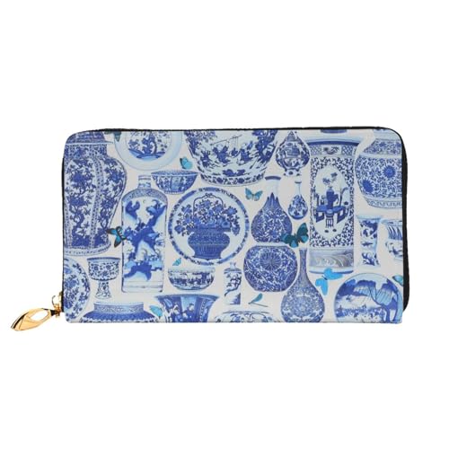 Leather Wallet For Women And Men Chinoiserie Blue And White Clutch Purse Wristlet Bag Credit Card Holder Wallet