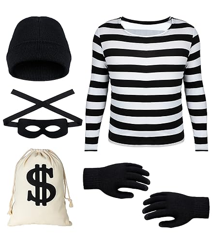 Adult Halloween Costume Black and White Striped Long Sleeve T-Shirt Gloves Hat Glasses Canvas Money Props Cosplay (G03-Man-Small)