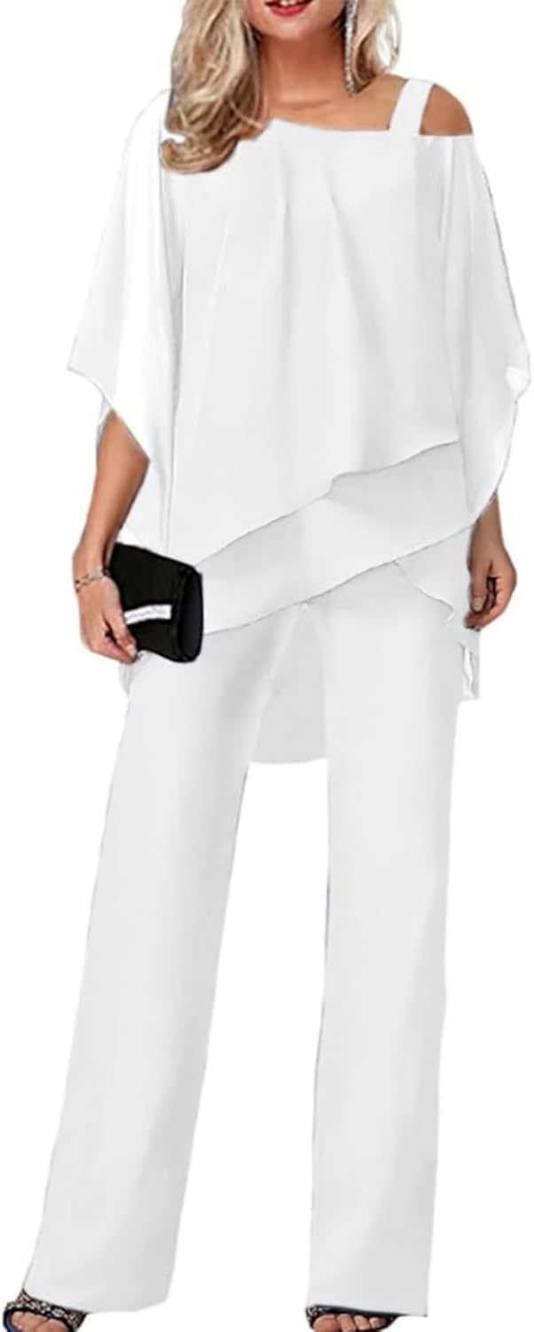 Vestidos de Novia Transpirables de Dos Piezas de Primavera y otoño para Mujer Traje de Trabajo para Fiesta de Boda Traje Informal de Gasa Irregular Conjunto de Pantalones Anchos