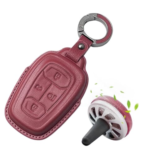 Image of Keyzone Premium Leather Key Cover & AC Vent Car Perfume Combo (4 Fragrances) | Compatible for Tata Nexon, Harrier, Safari, Altroz, Punch, Tigor 4 Button Smart Key. (Red)