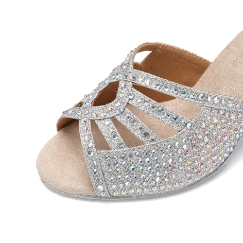 Image of JUODVMP Women's Latin Dance Shoes Rhinestones Satin Ballroom Dancing Shoes Salsa Professional Dance Shoes