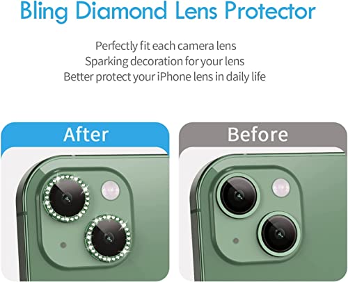 Image of inchCamera Lens Protector Ring Compatible with iPhone 13 / iPhone 13 Mini, Luxury Diamond Design Camera Lens Protection Cover, Anti-Scratch, Anti-Fingerprint, Durable Metal Ring Guard for Stylish Lens Protection inchGreen