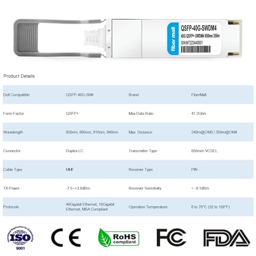 Image of 40GBASE-SR SWDM4 Optical Transceiver Module, Compatible with Dell QSFP-40G-SM4,40G QSFP+ 850 /880 /910 /940nm 350m Duplex LC MMF DDM