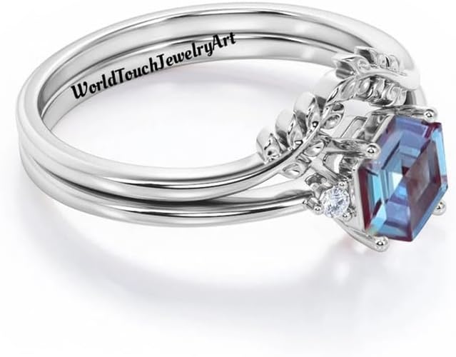 Alexandrite Wedding, Hexagon Cut Lab Alexandrite Engagement Ring, 925 Sterling Silver Art Deco Bridal Set with Leaf Band For Women