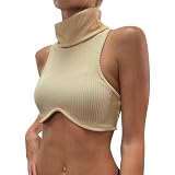 Generisch Schmal geschnittenes, Schulterfreies Oberteil Rippstrick für Damen mit Stehkragen sinnlichem Bralette (Khaki, L)