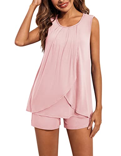 Ekouaer Women Maternity Nursing Pajama Set Breastfeeding Double Layer Tank Top & Shorts With Pockets Pink M #TOP3