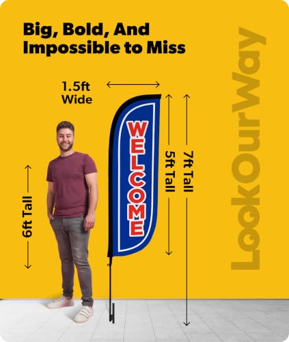 Image of LookOurWay Feather Flag Pole Kit - 7 Feet Tall Advertising Banner with Fiberglass Pole Set and Ground Spike for Business Promotion - Open Flags - Welcome Blue & Red