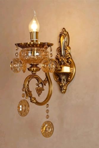 Image of Italian Wall Lamp, Antique Gold Finish, Single Light Wall Lamp with Decorative Crystals with Filament Bulb (Warm White) (Corded Electric, Glass)