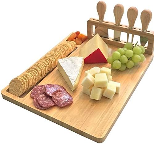 Loving Nature Bamboo Cheese Cutting Board Large 4 Piece Knife-Set Charcuterie Serving Platter Tray Cheeseboard for Wedding Christmas Birthday Gifts Anniversary Wine Party Celebrations