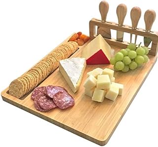 Loving Nature Bamboo Cheese Board Large Cutting Board with 4 Piece Knife-Set Charcuterie Serving Platter Tray Cheeseboard for Wedding Christmas Birthday Gifts Anniversary Wine Party Celebrations