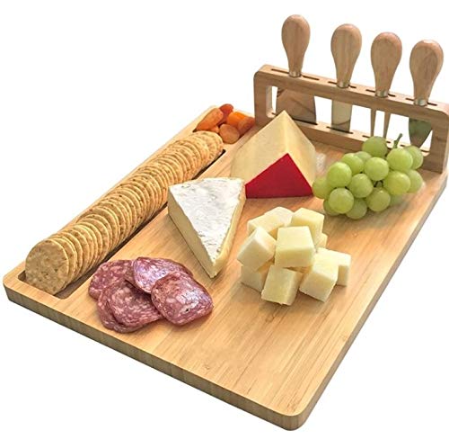 Loving Nature Bamboo Cheese Board Large Cutting Board with 4 Piece Knife-Set Charcuterie Serving Platter Tray Cheeseboard for Wedding Christmas Birthday Gifts Anniversary Wine Party Celebrations