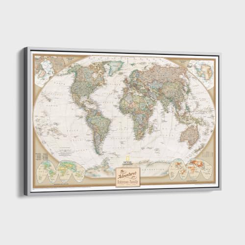 Image of Executive World Push Pin Map - National Geographic Antique Style Canvas Travel Tracker - Extra Large Framed Wall Decor - Silver Float Frame - 34 inch x 51 inch