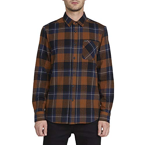 Volcom mens Caden Plaid Long Sleeve Flannel Button Down Shirt, Brown, Large US