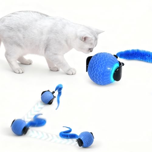 U‘NMEEE Interactive Cat Toy Ball with Tail - Automatic Motion Activated Rolling Cat Toys for Indoor Cats, Rechargeable Smart Enrichment Toy to Keep Kittens & Adult Cats Busy (Blue)