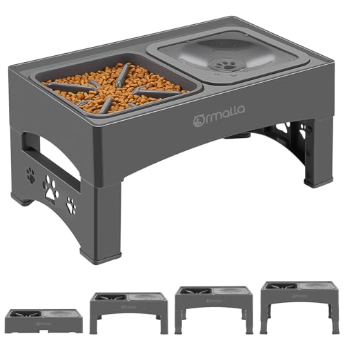 Slow Feeders Ormalla Elevated Slow Feeder Dog Bowls with No Spill Dog Water Bowl, Raised Dog Bowl for Large Medium Small Dogs, Dog Food Bowl Stand with Raised Splash Guard, 4 Heights 3.7”, 8.5”, 10.1”, 11.7”, Grey