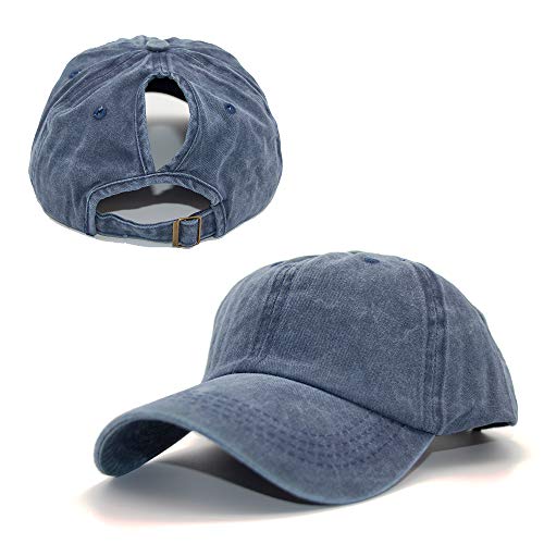 Dariobee Casquette de Baseball Femme Vintage Chapeau Queue De Cheval Réglable Coton Ponycaps Casquette de Sport Anti-Soleil - Bleu - Taille Unique Cover