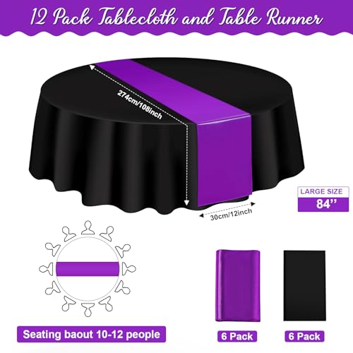 Image of 12Pack 12x108 Inch Satin Table Runner and 84 Inch Round Plastic Tablecloths Set Black Purple Disposable Round Table Cover for Graduation Wedding Bridal Shower Anniversary Birthday Party Decorations